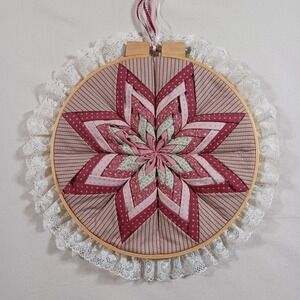 Vintage Quilted Folded Star Hoop Hanging Wall Art Shabby Farmhouse Cottagecore
